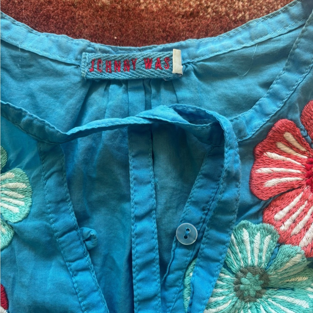 Johnny Was Floral Embroidered Lightweight Top - Vibrant Blue - Sz M - Picture 3 of 4